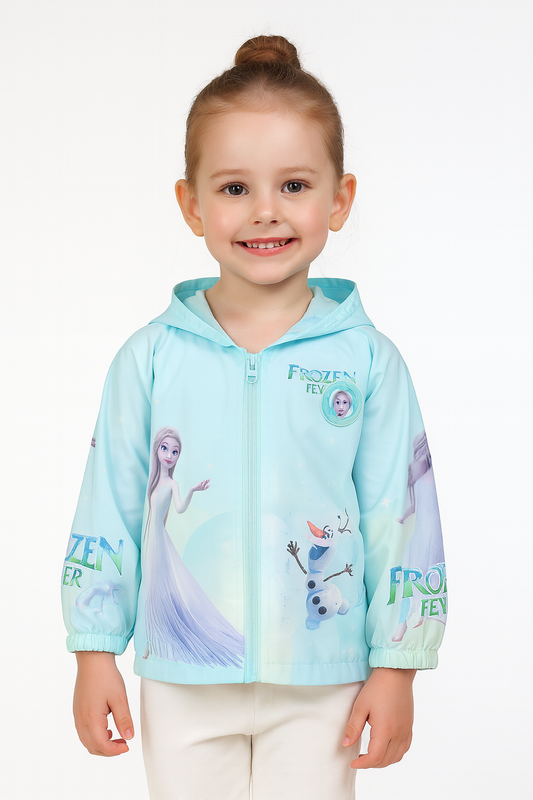 Girls aqua blue Frozen Fever hooded winter jacket with Elsa and Olaf cartoon print, front view kids zip-up jacket