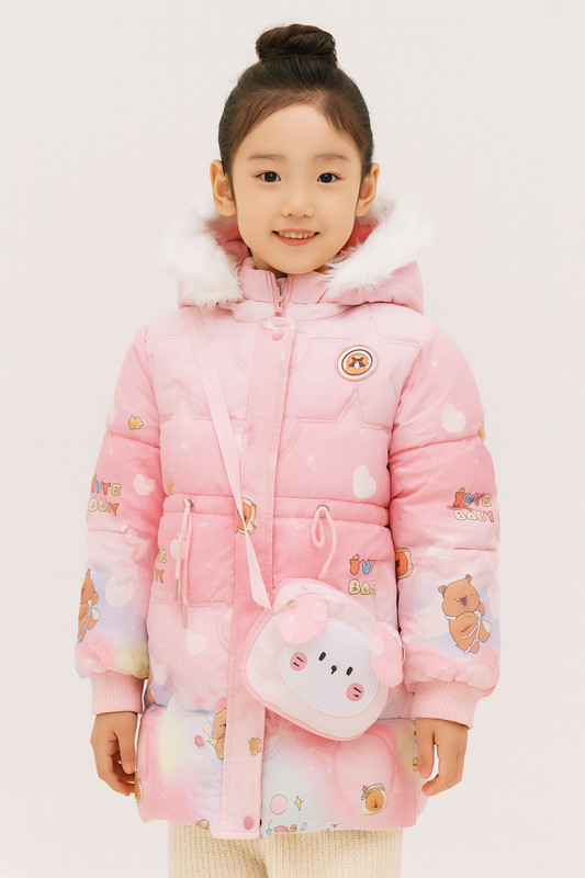 a pink winter coat with cartoon bear and heart prints, a white faux fur-lined hood, and a matching crossbody bag
