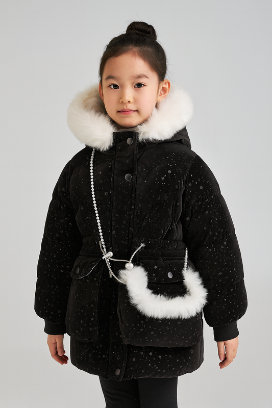a stylish black winter coat with white faux fur trim on the hood, featuring a matching black and white faux fur handbag