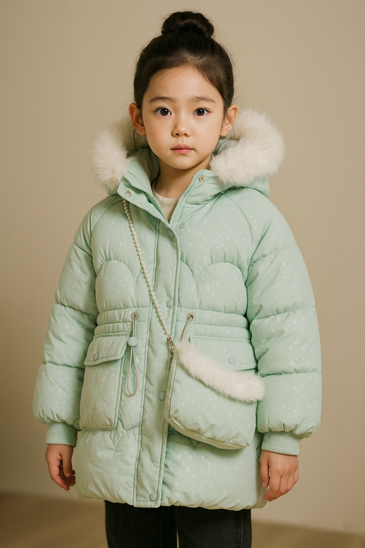 a mint green padded winter coat with a fur-trimmed hood, pearl strap crossbody bag