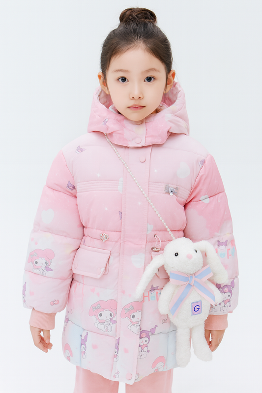 a light pink puffer jacket with My Melody cartoon prints, heart and bow patterns, and a hood