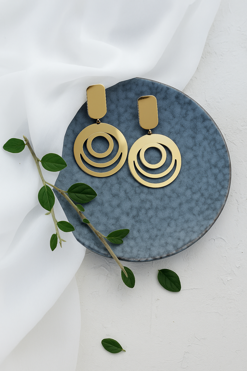 Elegant gold plated geometric circle drop earrings with layered cut-out design
