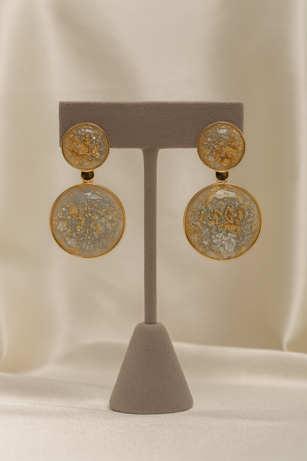 Elegant gold foil resin double round statement drop earrings with sparkling silver and gold detailing