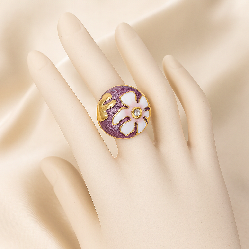 Stylish anti-tarnish purple enamel floral ring with gold detailing and a central diamond