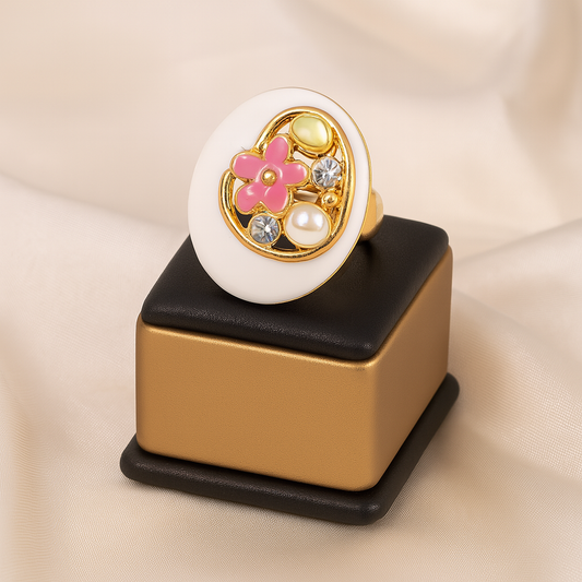 Elegant gold-plated ring with white enamel and pink flower design, featuring pearl and gemstone details