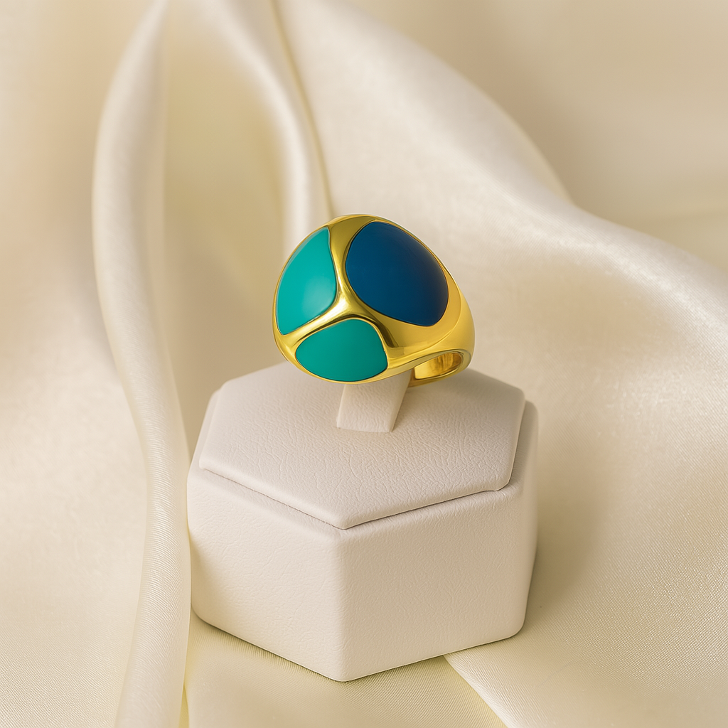 Gold-plated anti-tarnish ring with vibrant blue and green enamel inlays