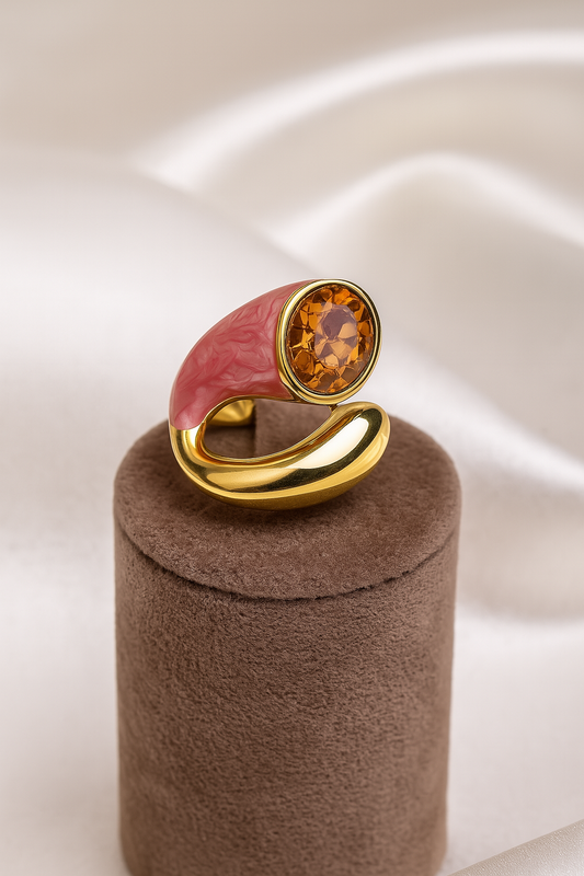Elegant gold-plated anti-tarnish ring featuring a pink marbled enamel design and citrine gemstone