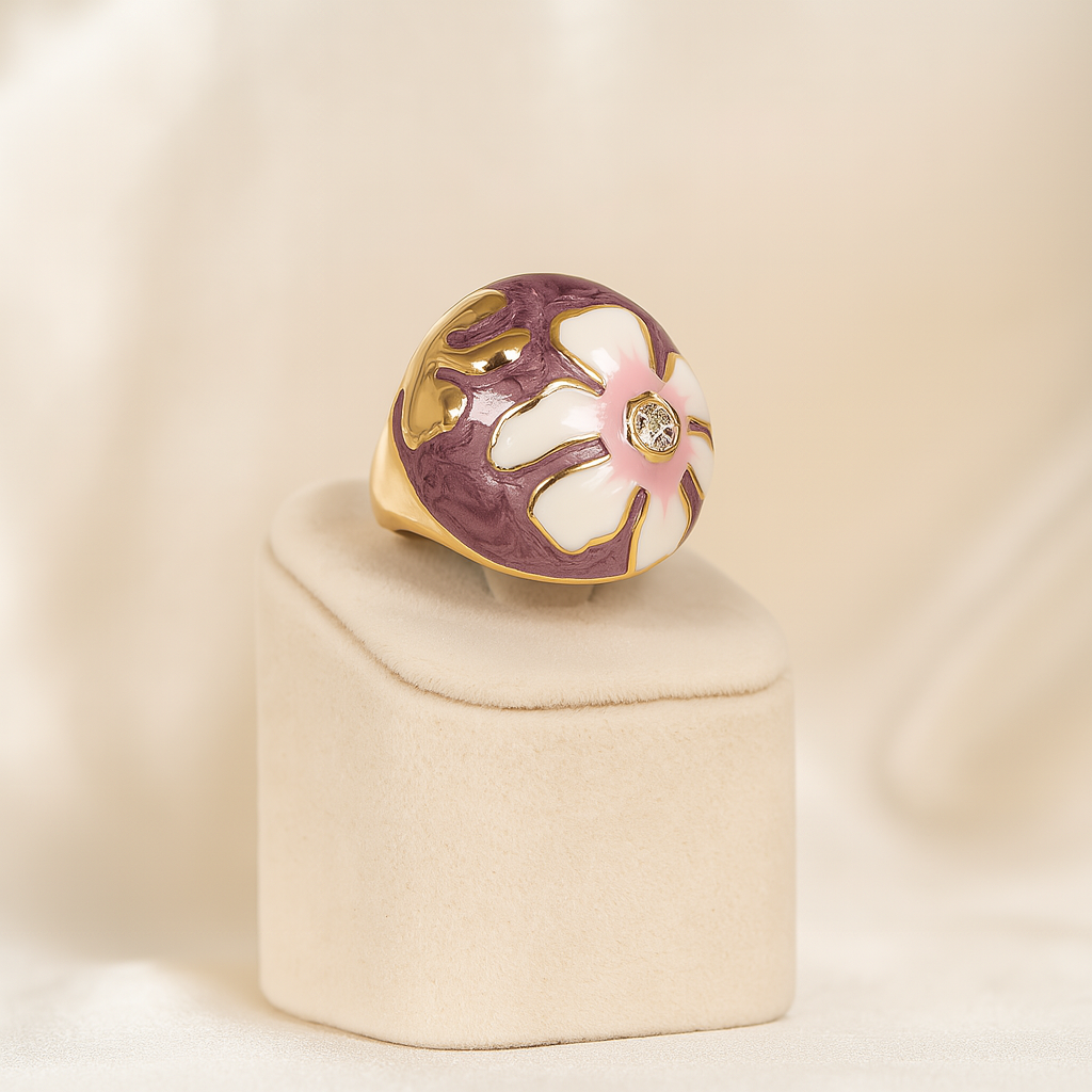 old-plated floral enamel anti-tarnish ring with purple, pink, and white design