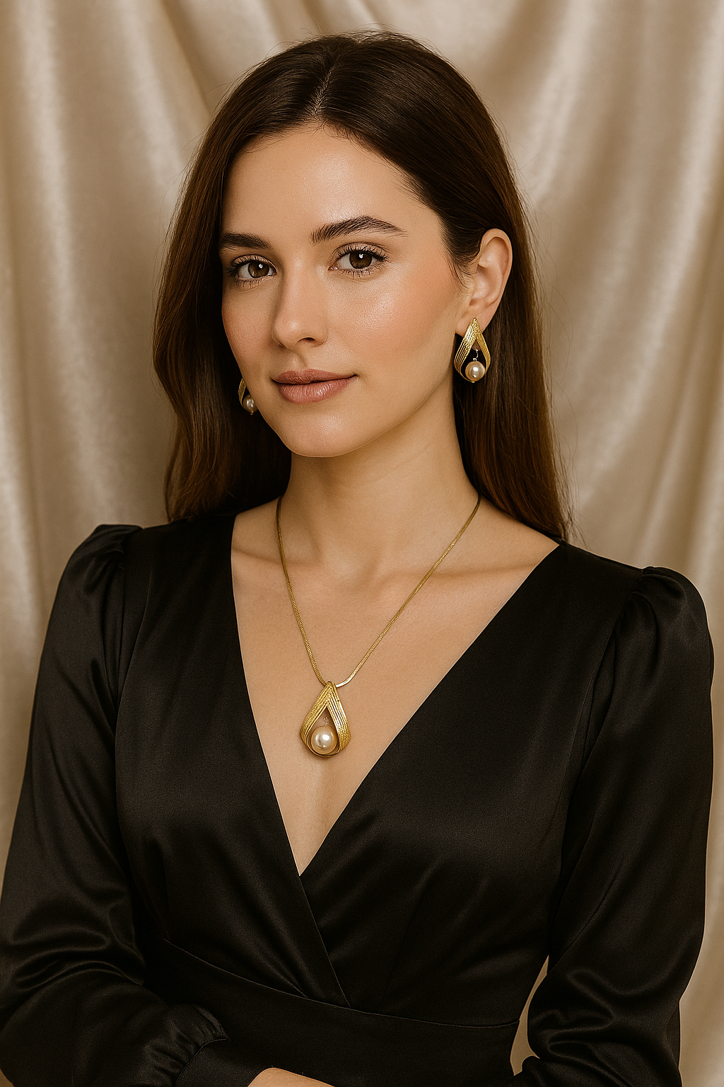  Woman wearing a gold-plated teardrop pearl necklace and matching earrings