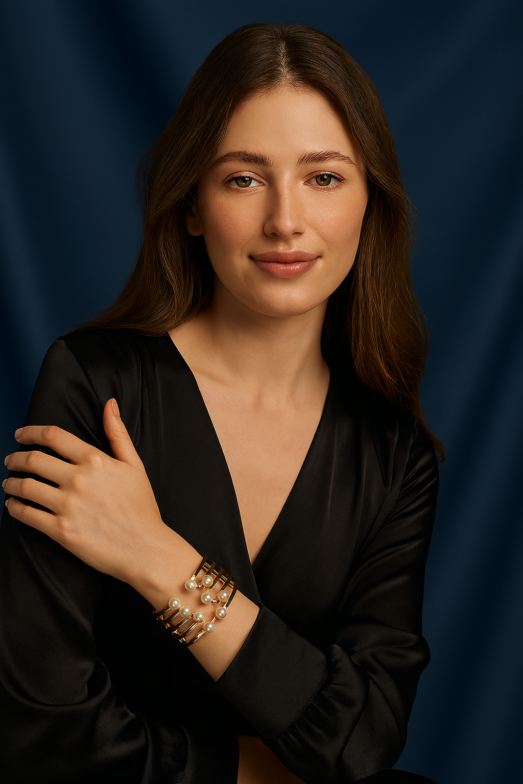 a gold-plated multi-bar cuff bracelet with pearl accents