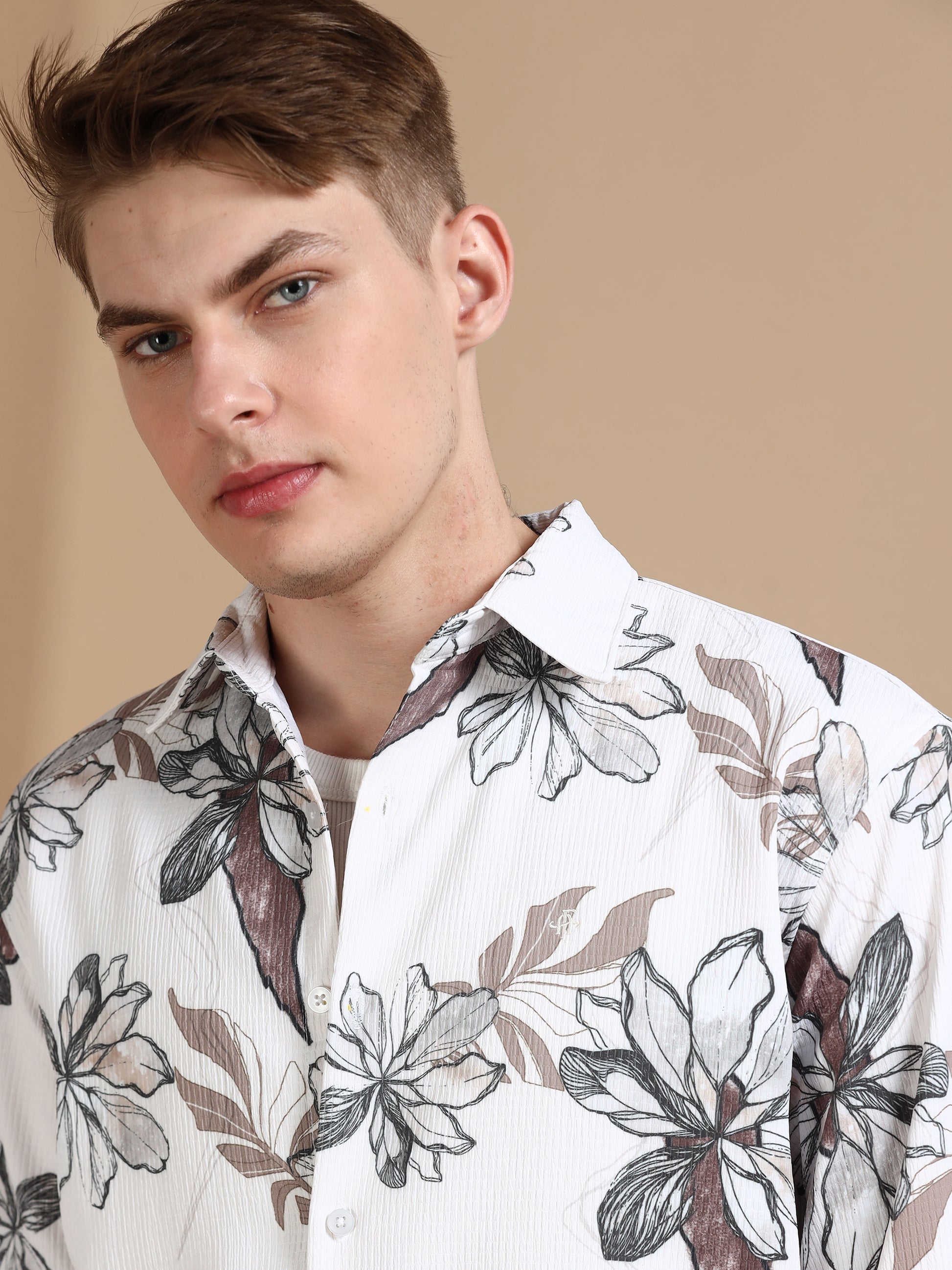 Cream Printed Crushed Cotton Shirts for Men 