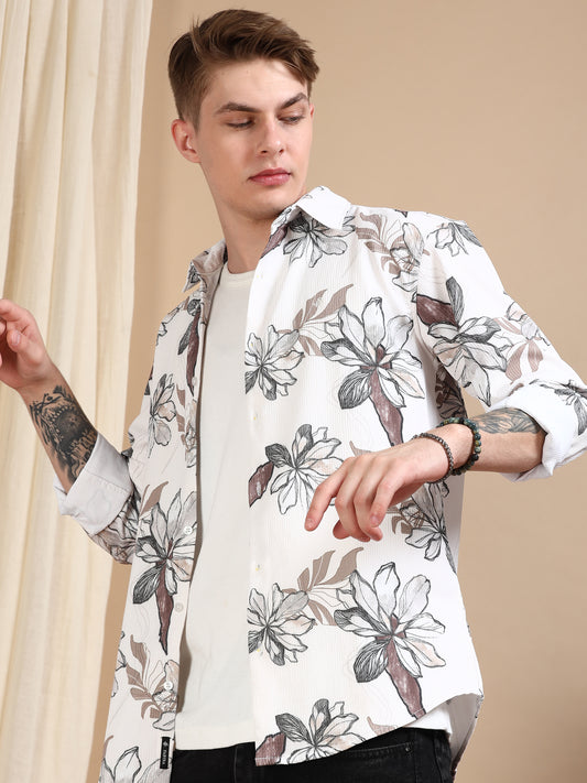 Cream Printed Crushed Cotton Shirts for Men 