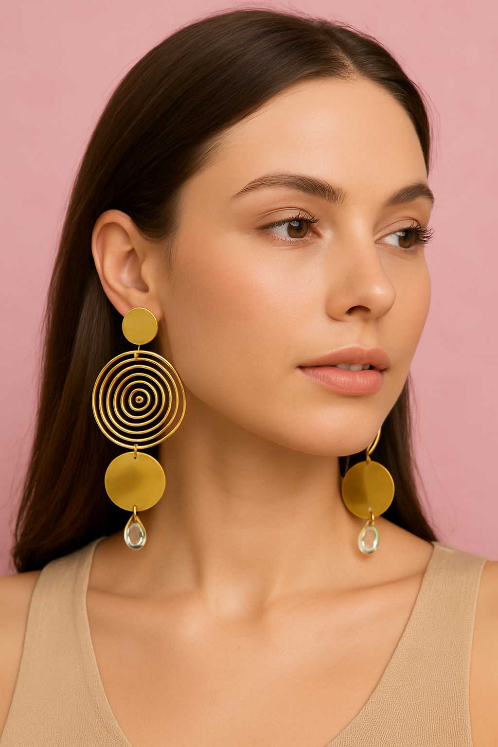 gold spiral statement earrings with round discs and crystal drop