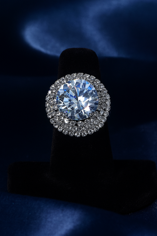 Luxury zirconic stone ring with a large central gem and halo crystal design