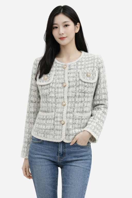 Women's White Tweed Button-Up Sweater with Pearl Detailing – Elegant Winter Layer
