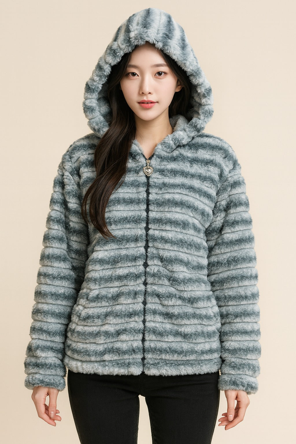 grey faux fur hooded jacket for women, warm plush texture with zip closure, winter fashion apparel.