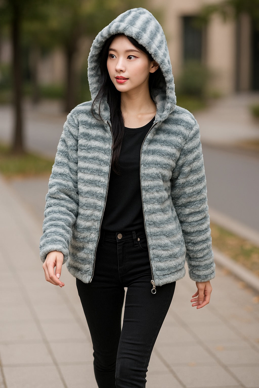 grey faux fur hooded winter jacket, soft plush striped design, cozy cold-weather outerwear.