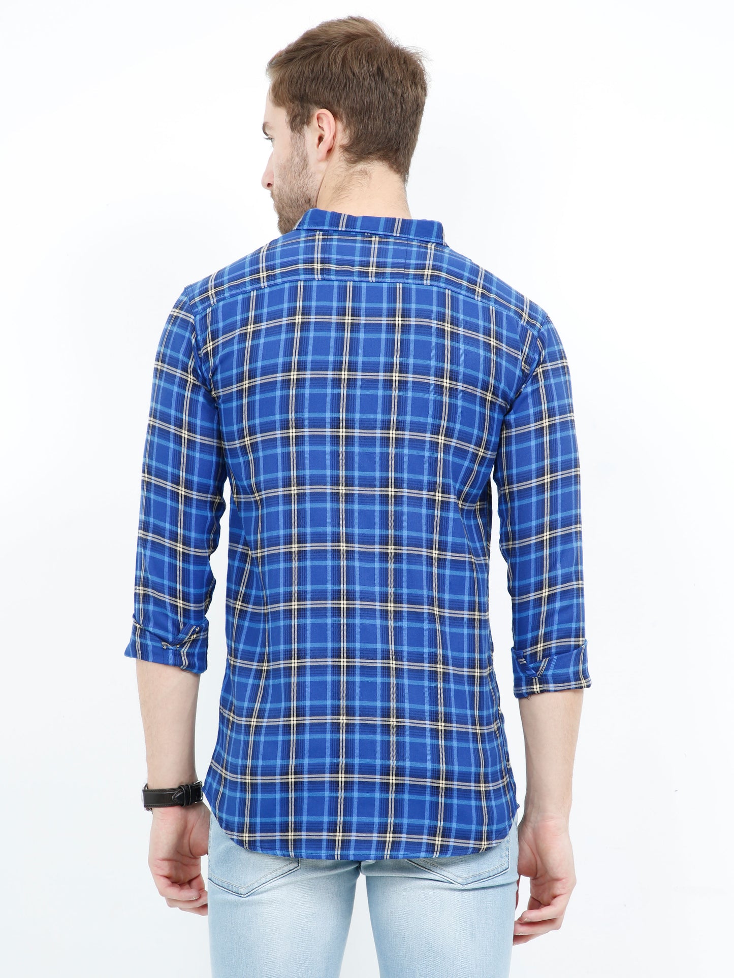 Men's Mix checks Royal Blue Cotton Blend Regular Fit Shirt