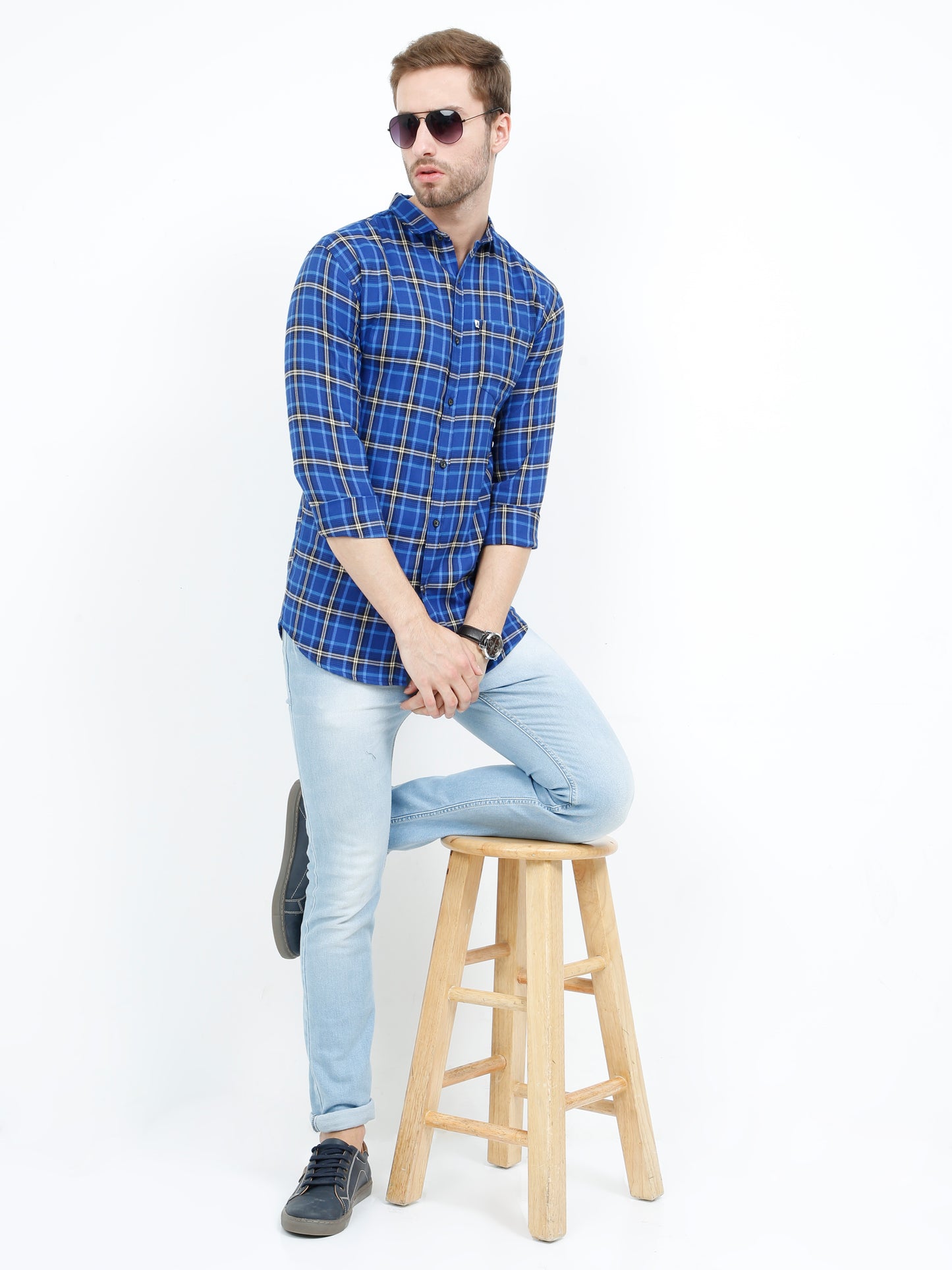 Men's Mix checks Royal Blue Cotton Blend Regular Fit Shirt