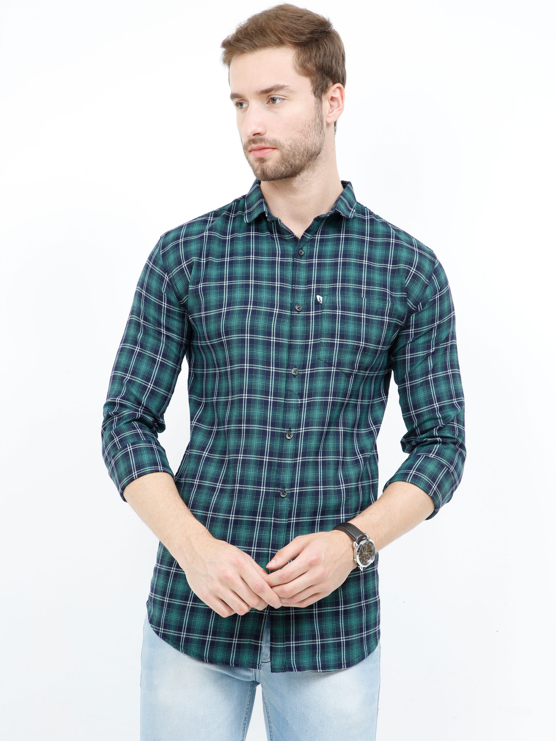 Cotton Regular Fit Mixed Green Check Shirt for Men