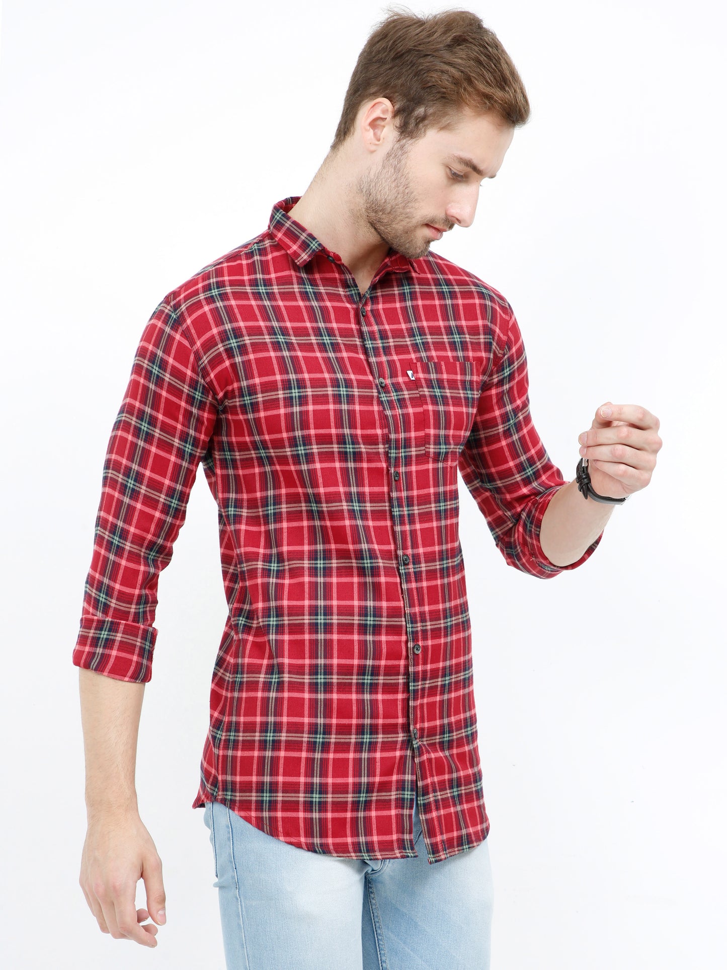 Men's Mix checks Red Cotton Blend Regular Fit Shirt