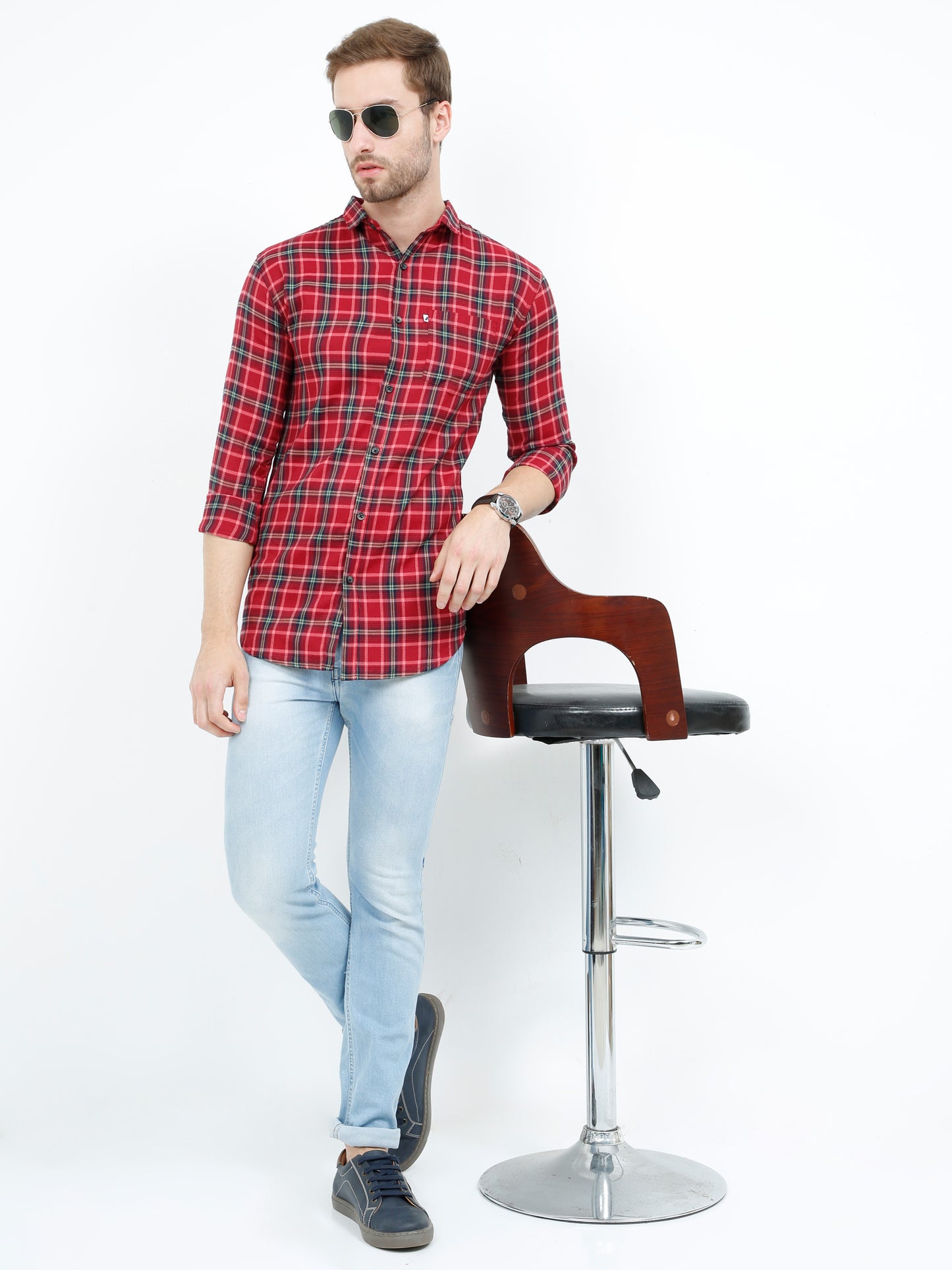 Men's Mix checks Red Cotton Blend Regular Fit Shirt