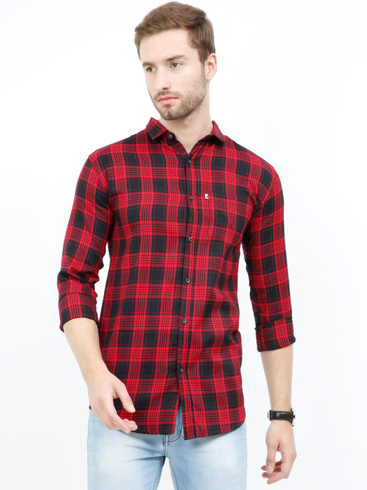 Men's Mix checks Maroon Cotton Blend Regular Fit Shirt