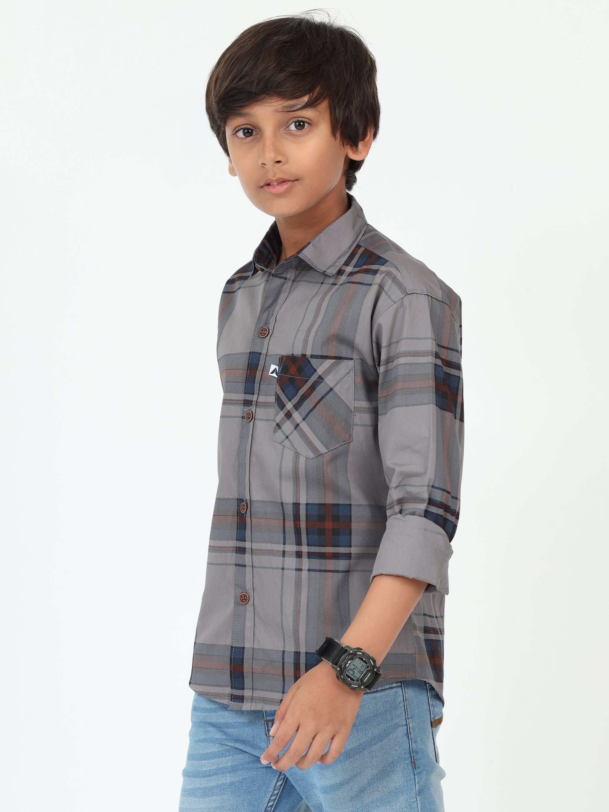Grey Broadchecks Cotton Blend Boy Shirt Style