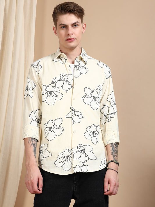Cream Printed Self Design Shirt Men