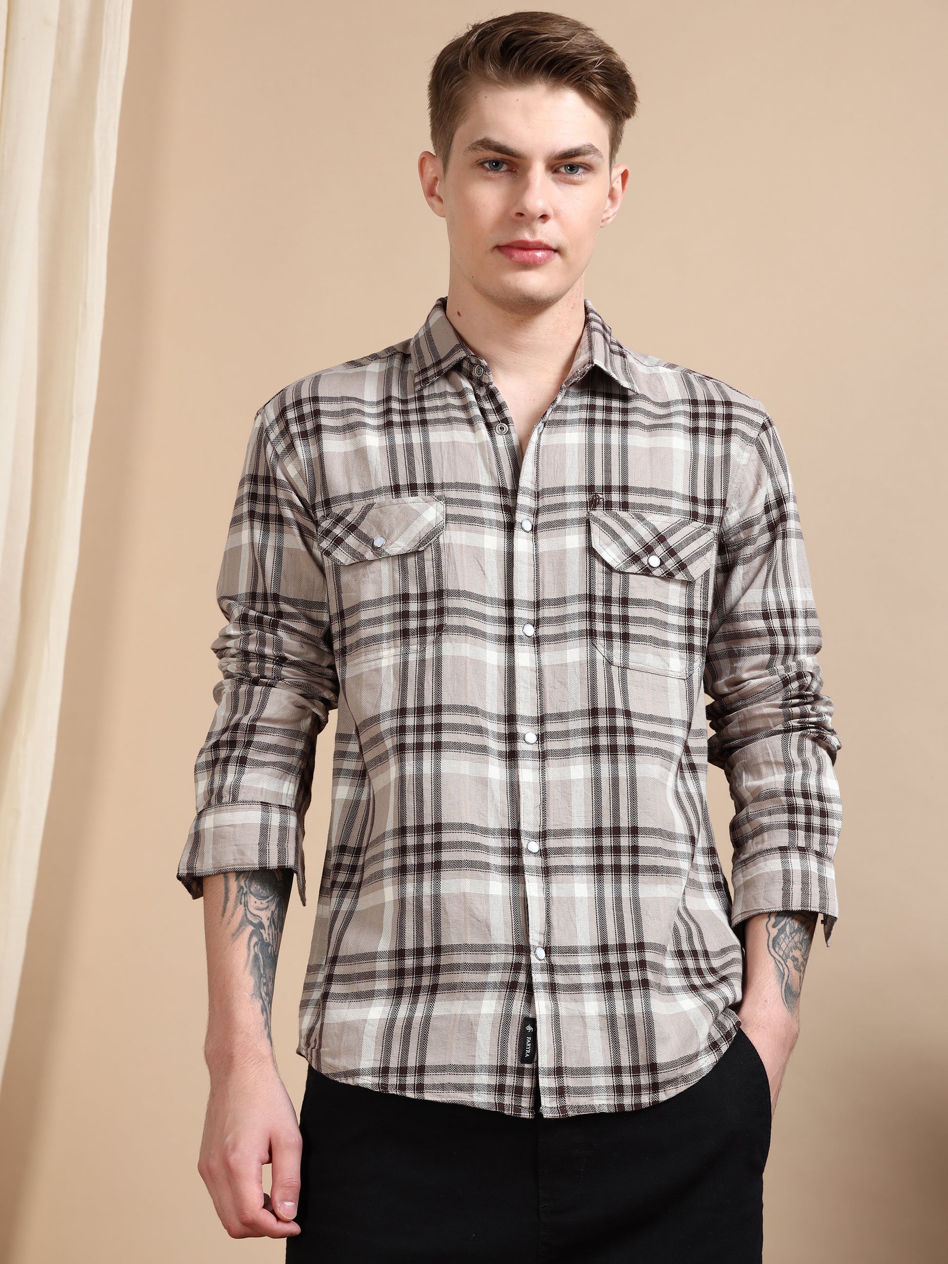 Imported Dobby Beige Printed Check Shirts Men