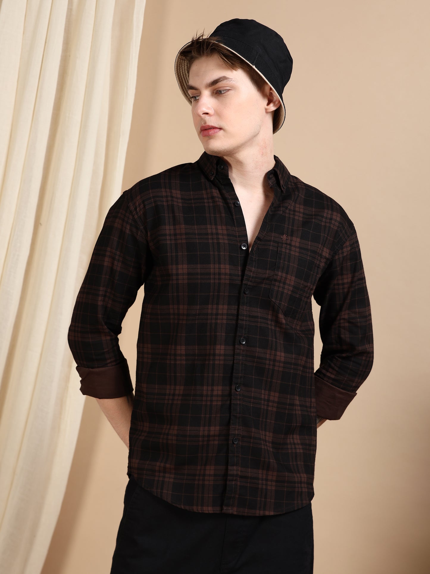 Casual Brown Men's Cotton Check Shirt