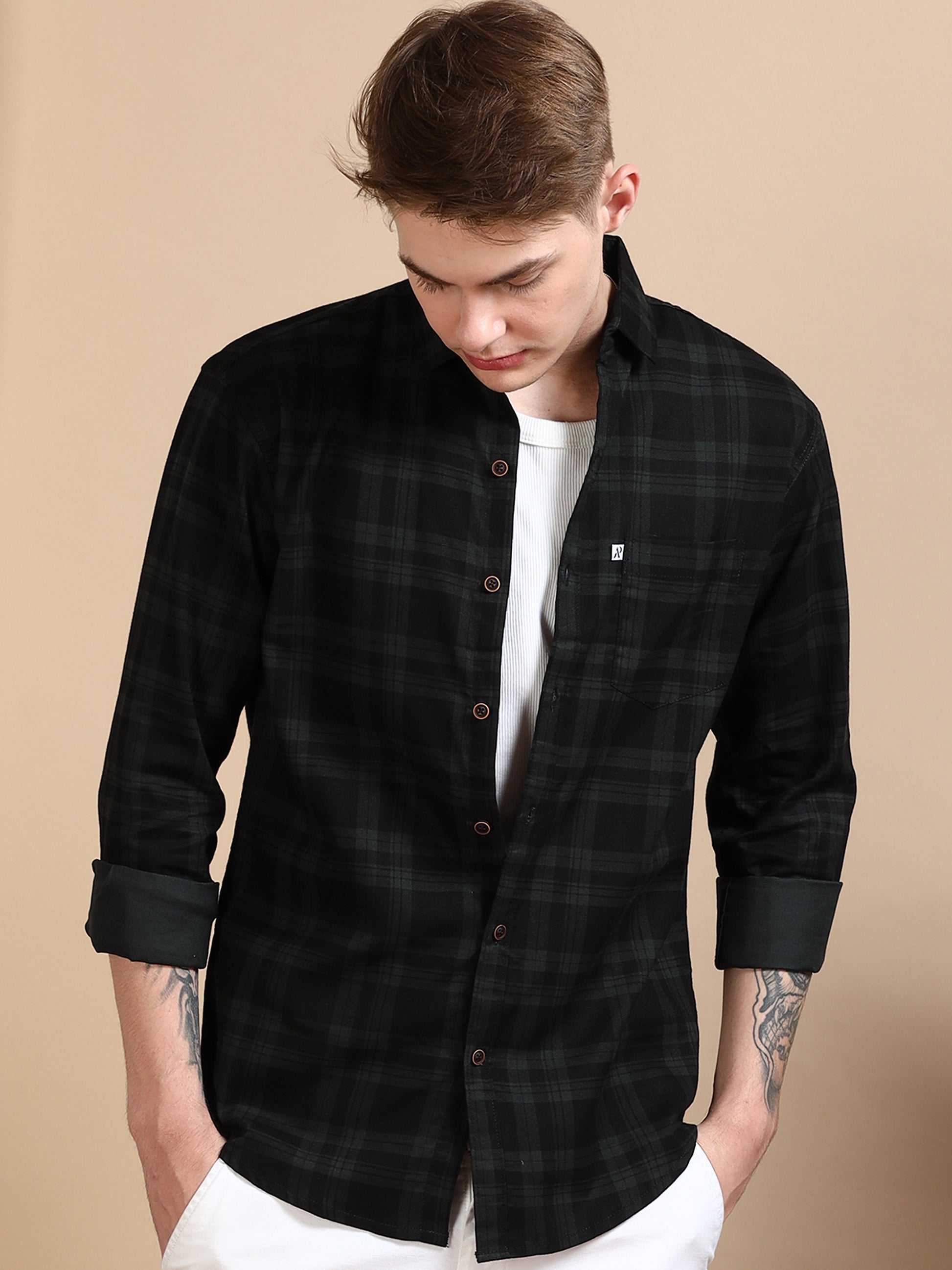 Green Cotton Blend Shirt Pattern Checks For Men