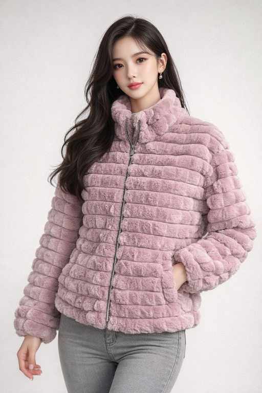 lavender plush faux fur winter jacket with front zip closure and high neck, soft warm women’s winter wear
