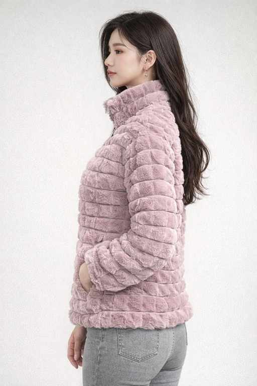 lavender plush faux fur winter jacket with high neck collar and premium textured fabric