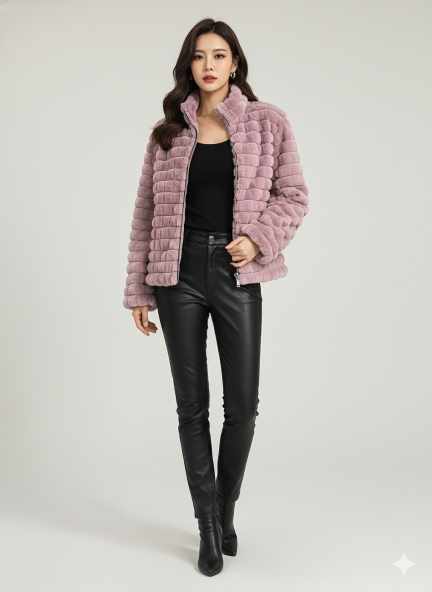 lavender plush winter jacket with black pants and boots, elegant women winter outfit