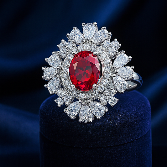 Close-up of a luxury ruby red zirconic stone ring with sparkling pear-cut and round white crystals 