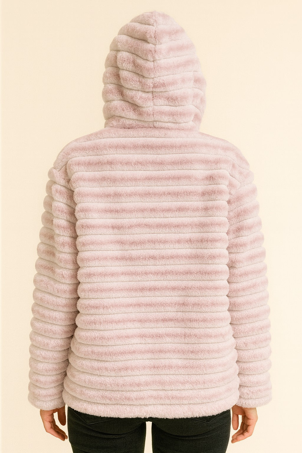 pink faux fur hooded jacket for women with zipper closure, soft plush stripes, winter wear fashion.
