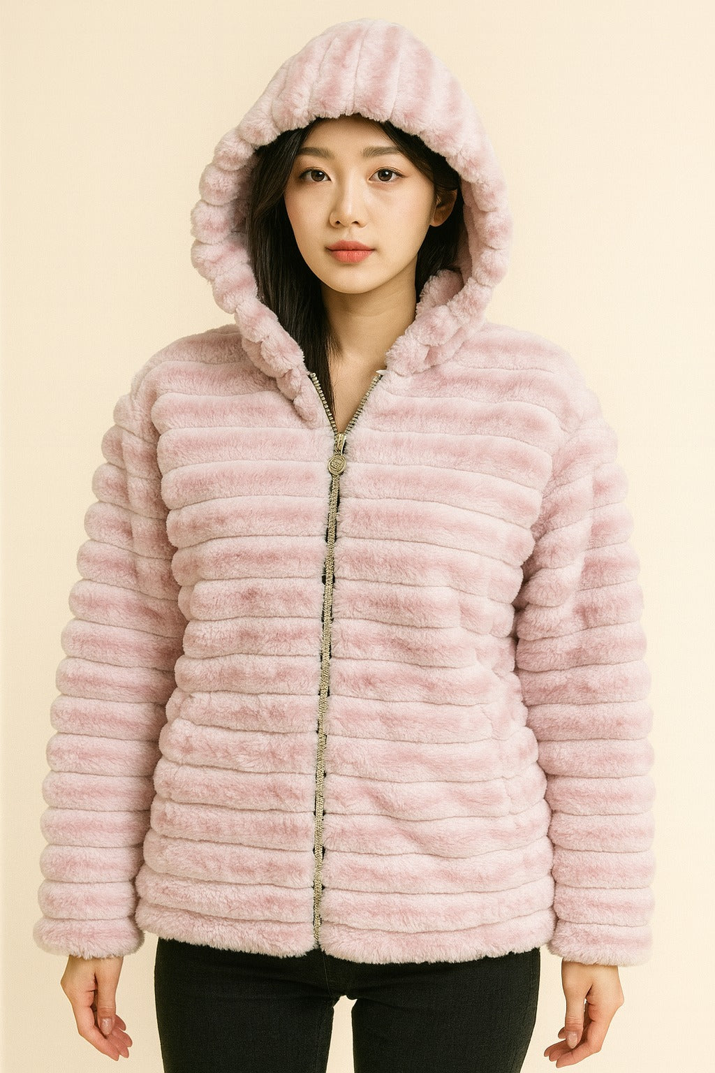 light pink faux fur hooded winter jacket, plush ribbed texture, soft and cozy cold-weather outerwear.