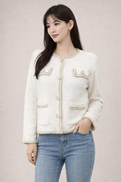 White Pearl-Button Tweed-Trim Cardigan/sweater for Women – Elegant Winter Layer