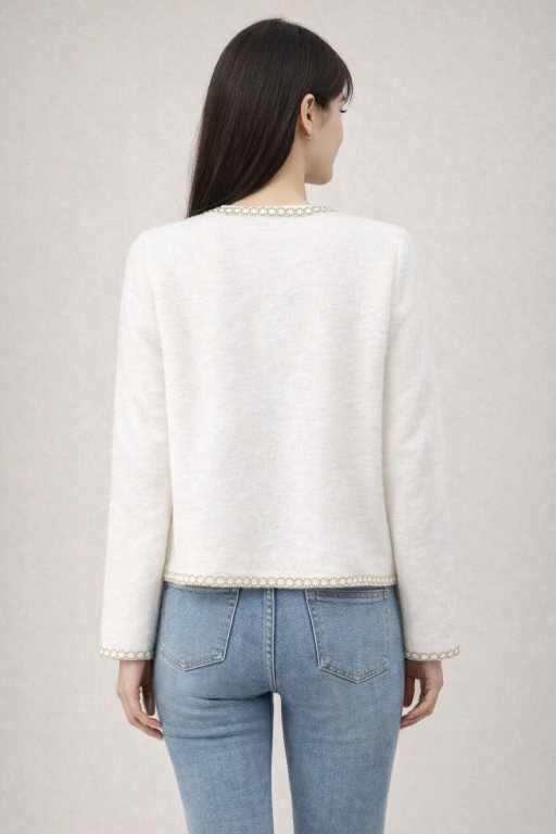 White Pearl-Button Tweed-Trim Cardigan/sweater for Women â€“ Elegant Winter Layer