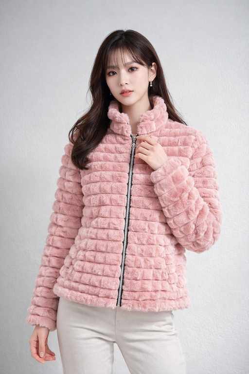 soft pink plush faux fur winter jacket with front zip closure and high neck collar, warm stylish winter outerwear
