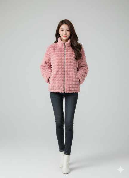 pink plush faux fur winter jacket paired with jeans, stylish winter fashion outfit