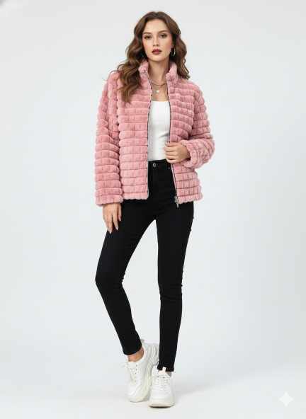 pink faux fur winter jacket with front zip, warm stylish ladies winter wear
