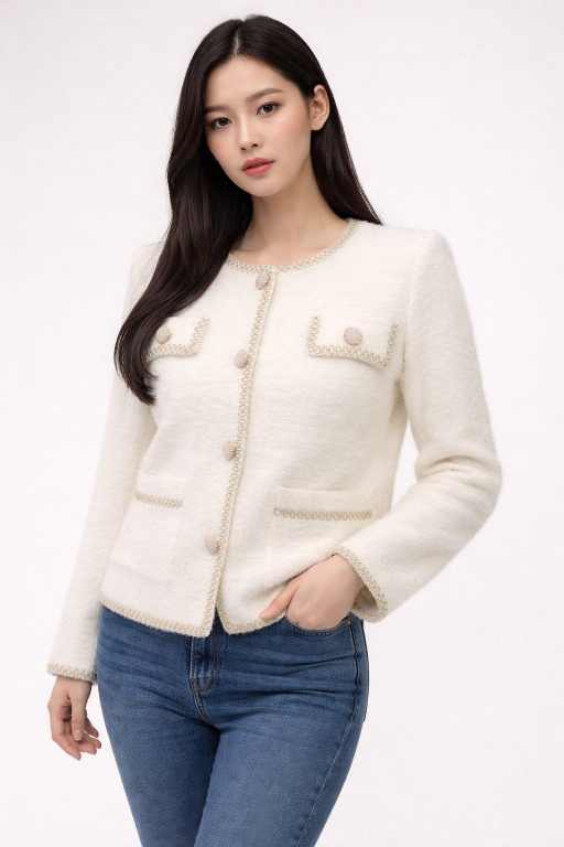 Women's White Cardigan/sweater with Gold Trim & Crystal Buttons – Elegant Winter Layer