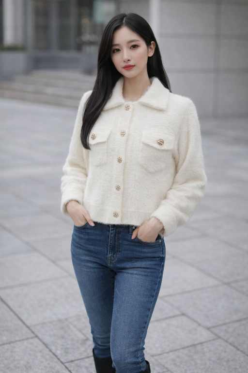 White Fuzzy Button-Up Sweater for Women â€“ Chic Winter Essential with Crystal Buttons