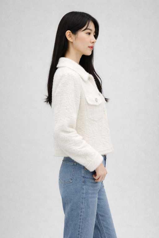 White Fuzzy Button-Up Sweater for Women â€“ Chic Winter Essential with Crystal Buttons