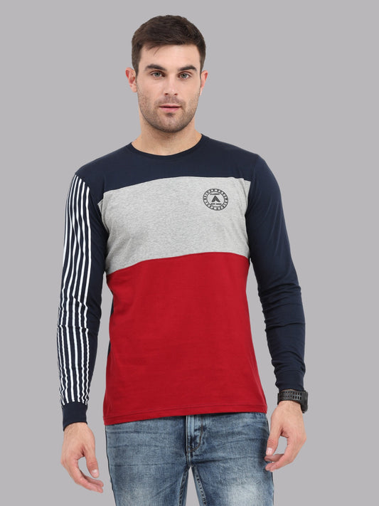 Men's Colourblocked Full Sleeves T-Shirt | Maroon, & Navy Cotton Tee with Striped Sleeve