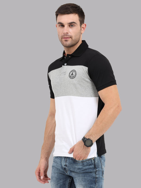 Men's Colourblocked Polo T-Shirt | Black,Grey  and White Cotton Half Sleeves Tee