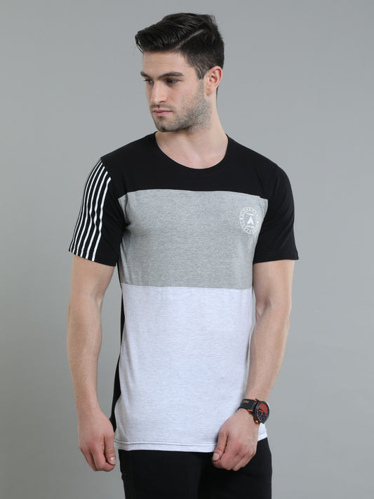 Men's Colourblocked Half Sleeves T-Shirt | Black, Grey & White Cotton Tee with Striped Sleeve