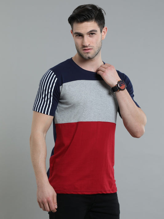 Men's Colourblocked HalfSleeves T-Shirt | Maroon, & Navy Cotton Tee with Striped Sleeve